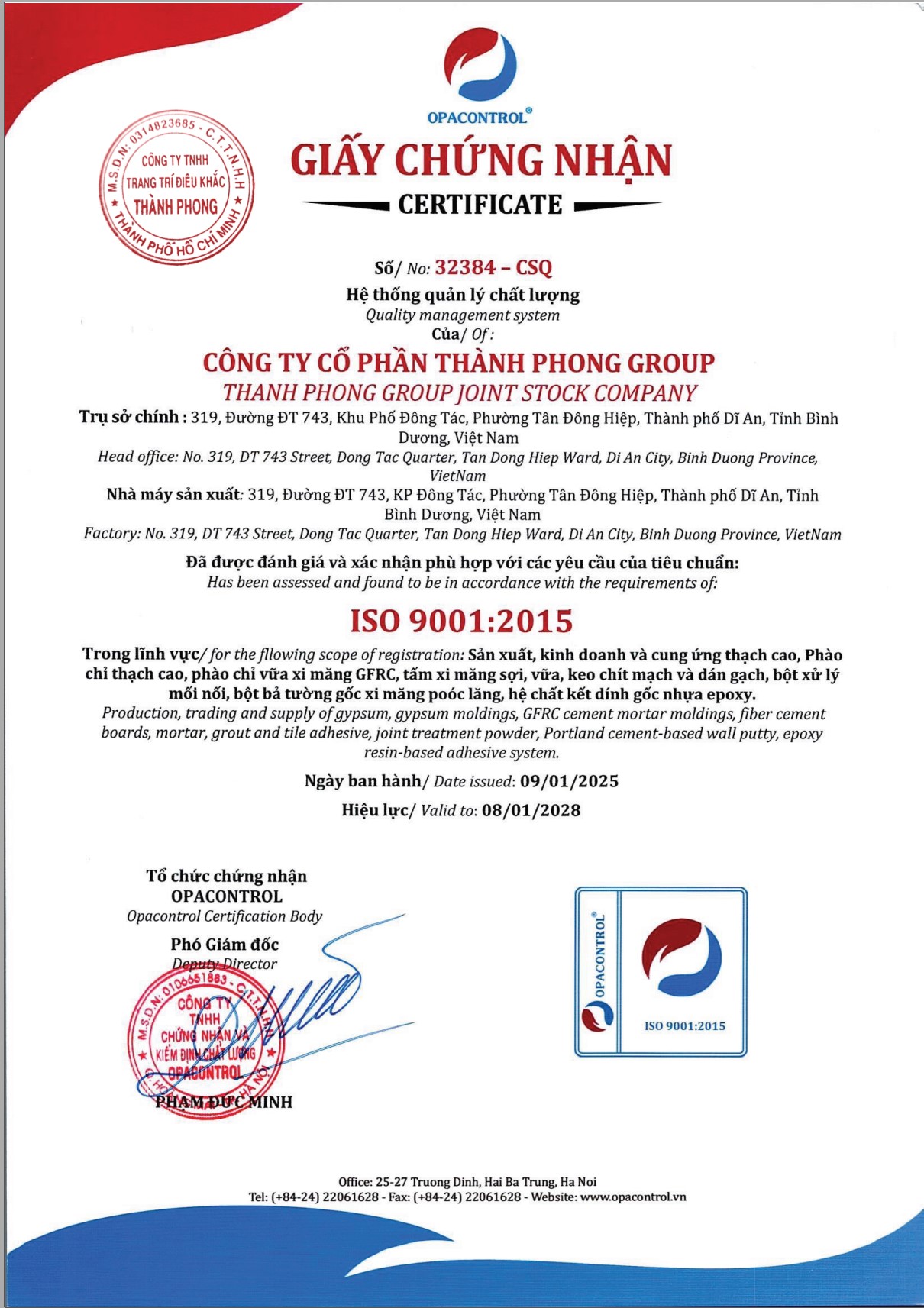 Chứng nhận chất lượng sản phẩm Thành Phong 1 Giấy Chứng nhận chất lượng ISO 9001:2015