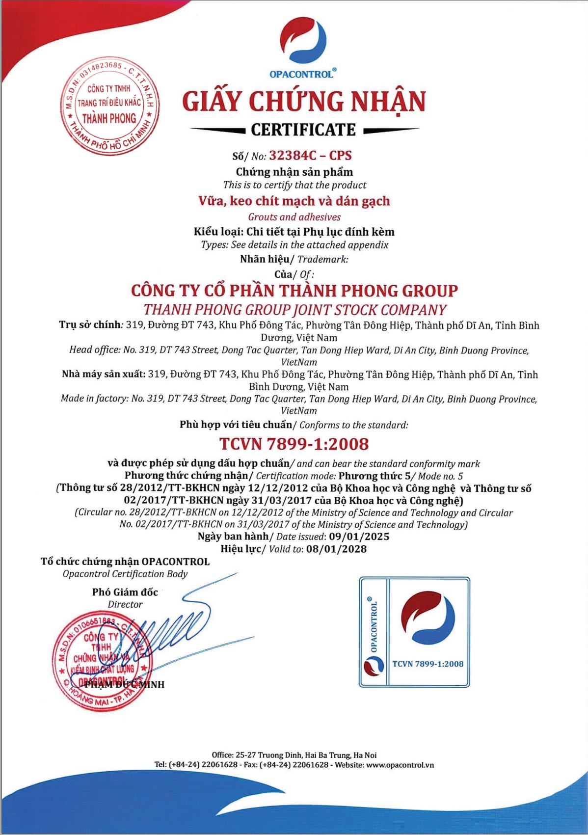 Chứng nhận chất lượng sản phẩm Thành Phong 4 Giấy Chứng nhận chất lượng 7899-1:2008