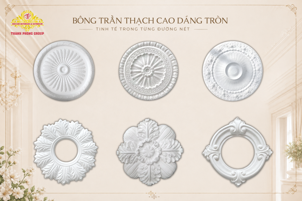 20+ Mẫu Bông Trần Thạch Cao Phong Cách Tân Cổ Điển Sang Trọng 2 Mẫu bông trần tròn hoa văn đối xứng, dễ phối phòng khách