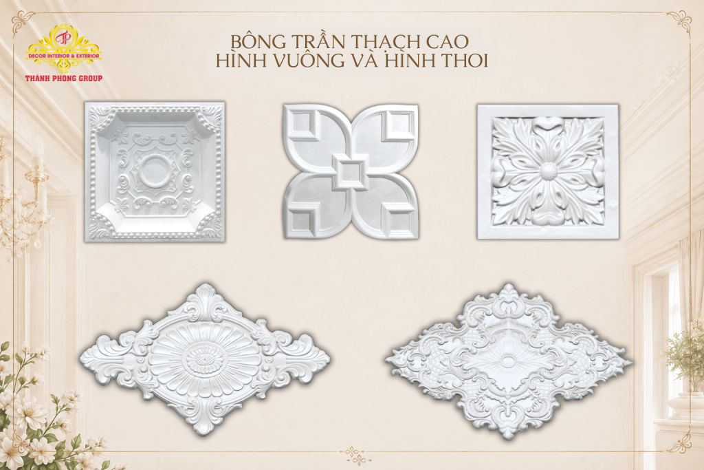 20+ Mẫu Bông Trần Thạch Cao Phong Cách Tân Cổ Điển Sang Trọng 3 Mẫu bông trần thạch cao hình vuông và hình thoi